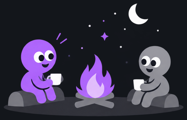 Bloop und ein Kind sitzen nachts am Lagerfeuer, jeder mit einem Becher.